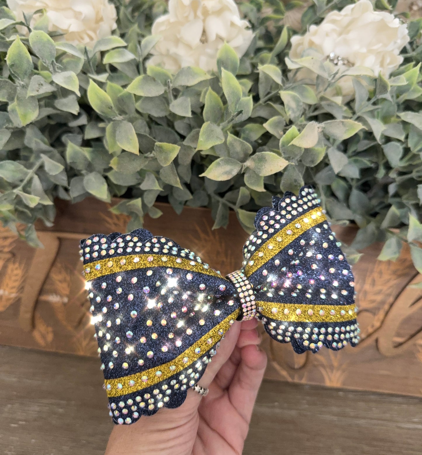 Scalloped Edge Tailless Cheer Bow with Accent Stripes and Rhinestones Competition Hair Bow