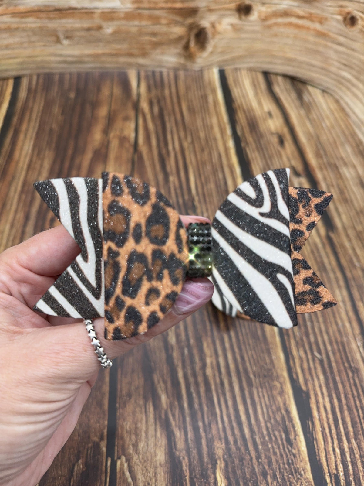 Safari Theme Dolly Cheer Bows: Rhinestone Center, Two-Tone Pigtail Pair