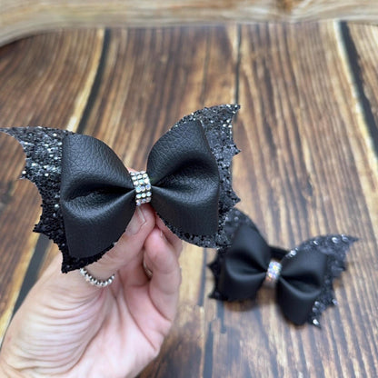 Halloween Pigtail Bat Pinch Cheer Bows: Pigtail Pair with Rhinestone Center