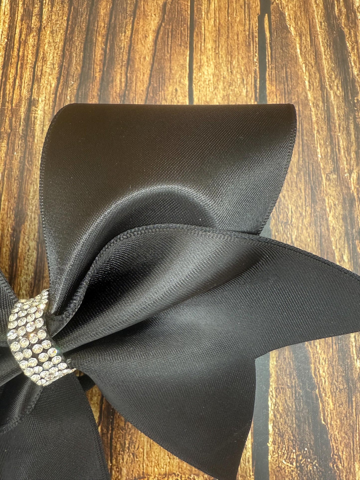 Black Satin Cheer Bow: Rhinestone Center, Competition & Practice