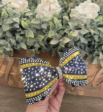 Scalloped Edge Tailless Cheer Bow with Accent Stripes and Rhinestones Competition Hair Bow
