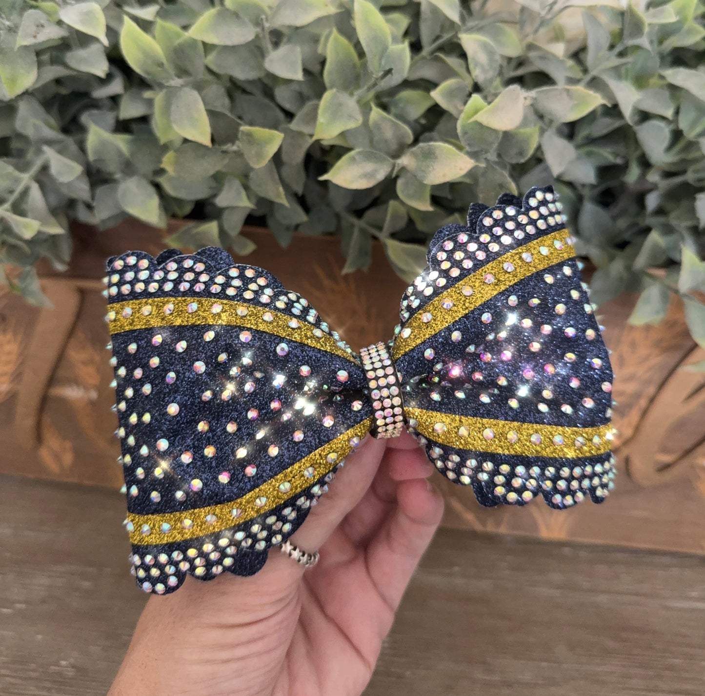 Scalloped Edge Tailless Cheer Bow with Accent Stripes and Rhinestones Competition Hair Bow