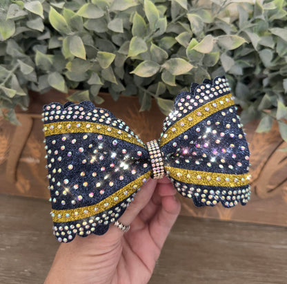 Scalloped Edge Tailless Cheer Bow with Accent Stripes and Rhinestones Competition Hair Bow