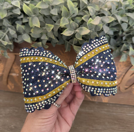 Scalloped Edge Tailless Cheer Bow with Accent Stripes and Rhinestones Competition Hair Bow