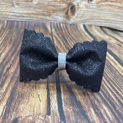 Glitter Cheer Bows: Scallop Edge Pigtail Pair with Rhinestone Center
