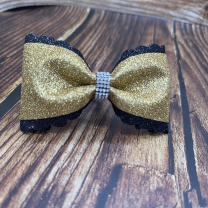 Scallop Edge Cheer Bows: Rhinestone Center, Two-Tone Pigtail Pair