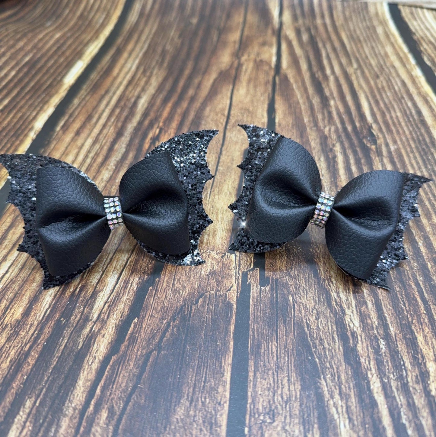 Halloween Pigtail Bat Pinch Cheer Bows: Pigtail Pair with Rhinestone Center