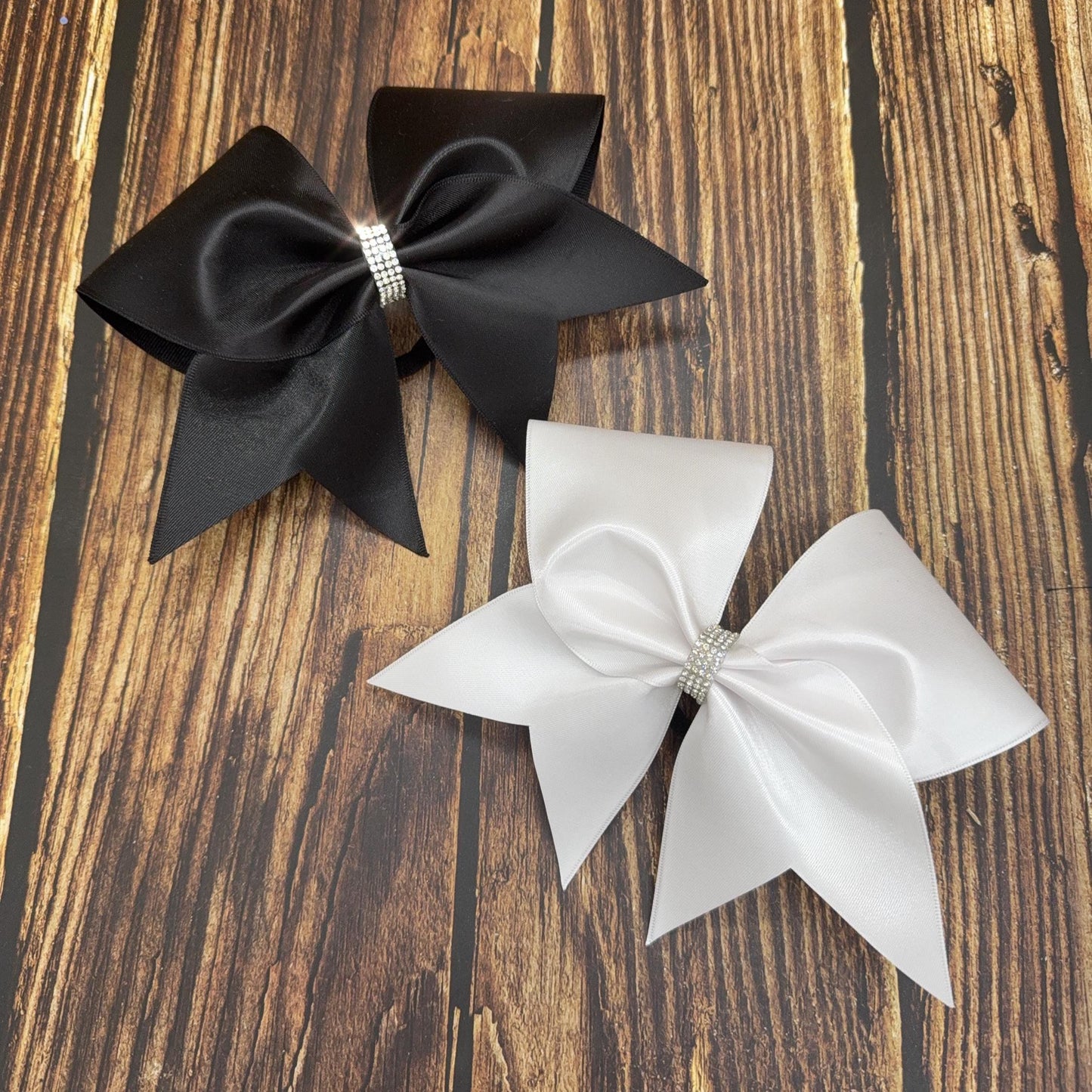 White Satin Cheer Bow: Rhinestone Center, Competition & Practice