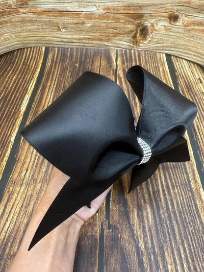 Black Satin Cheer Bow: Rhinestone Center, Competition & Practice