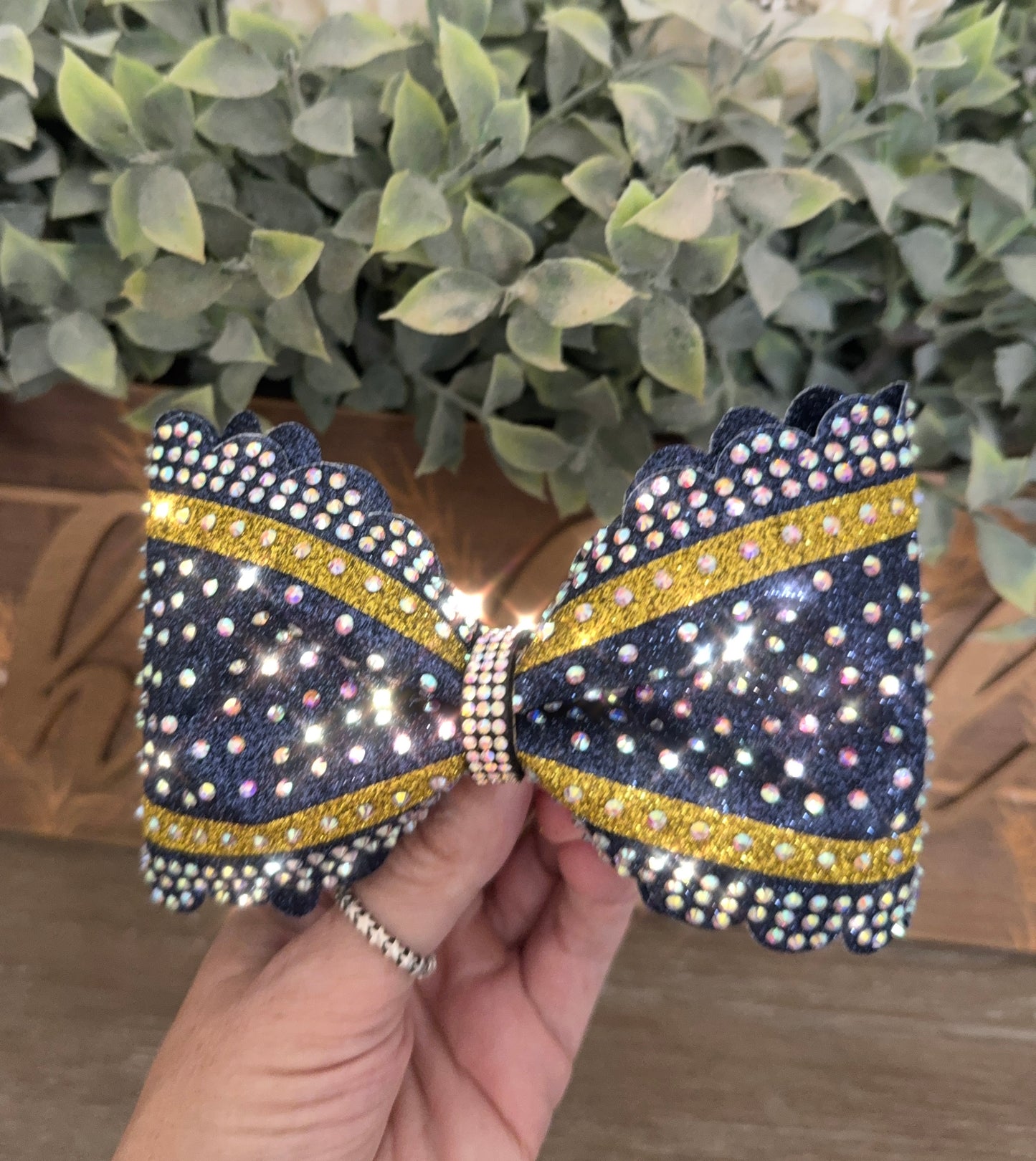 Scalloped Edge Tailless Cheer Bow with Accent Stripes and Rhinestones Competition Hair Bow