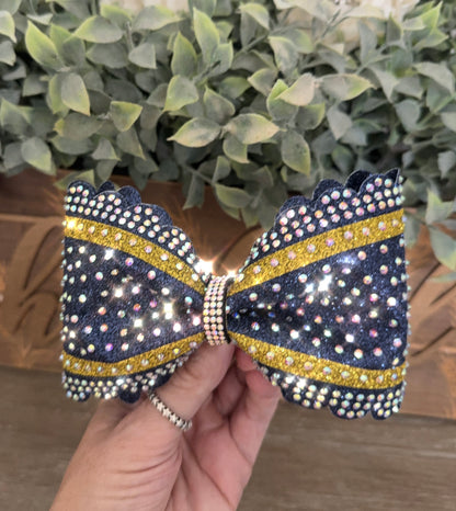 Scalloped Edge Tailless Cheer Bow with Accent Stripes and Rhinestones Competition Hair Bow