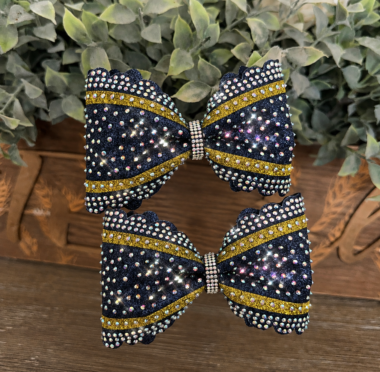 Scallop Edge Pigtail Cheer Bows Pair with accent stripes & Rhinestone Center