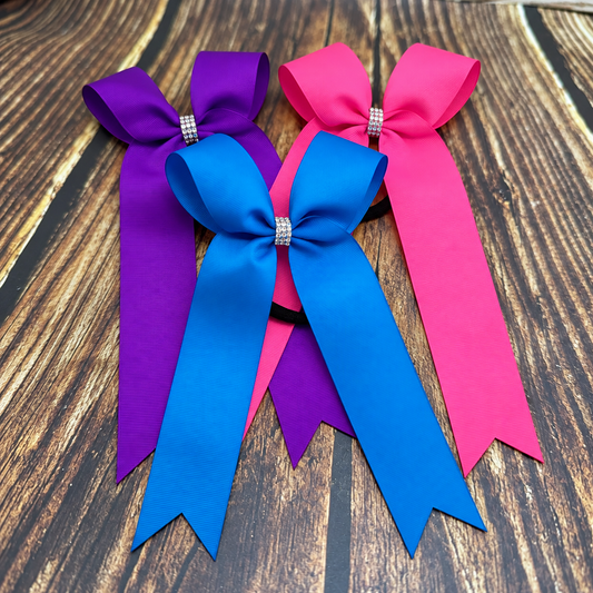 School Collegiate Cheer Bow with Long Tails and Rhinestone Center