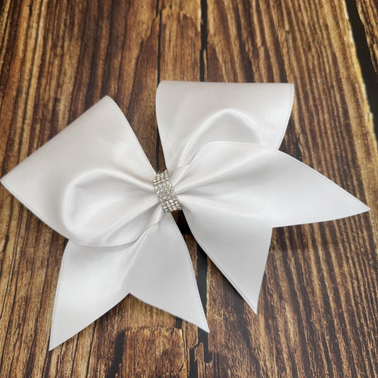 White Satin Cheer Bow: Rhinestone Center, Competition & Practice