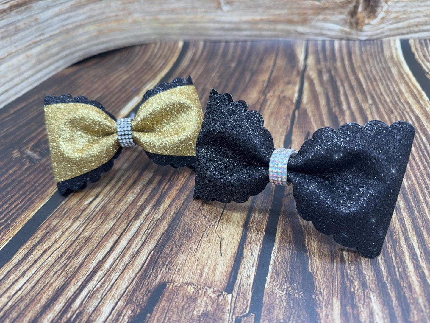 Scallop Edge Cheer Bows: Rhinestone Center, Two-Tone Pigtail Pair