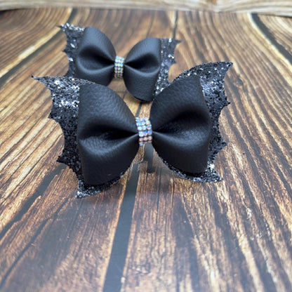 Halloween Pigtail Bat Pinch Cheer Bows: Pigtail Pair with Rhinestone Center