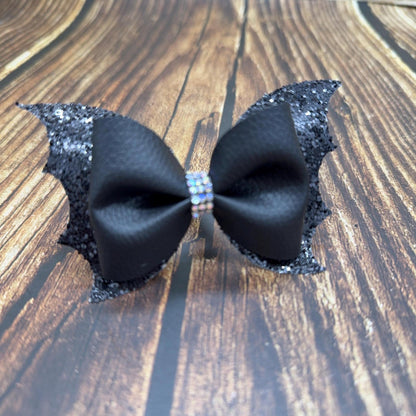 Halloween Pigtail Bat Pinch Cheer Bows: Pigtail Pair with Rhinestone Center
