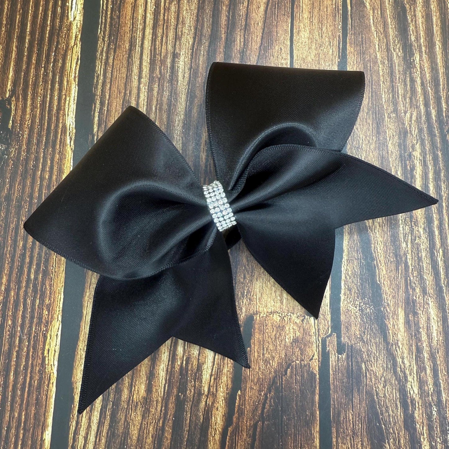 Black Satin Cheer Bow: Rhinestone Center, Competition & Practice