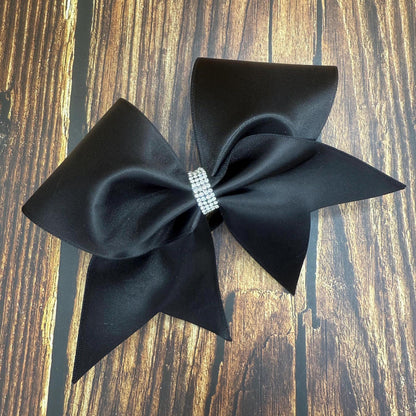 Black Satin Cheer Bow: Rhinestone Center, Competition & Practice