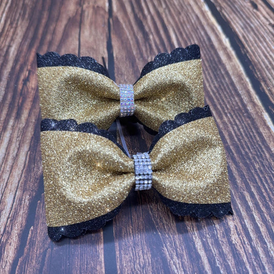 Scallop Edge Cheer Bows: Rhinestone Center, Two-Tone Pigtail Pair