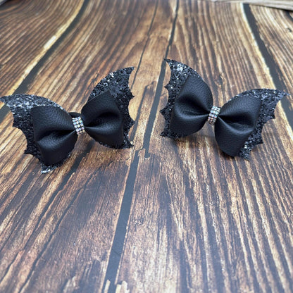Halloween Pigtail Bat Pinch Cheer Bows: Pigtail Pair with Rhinestone Center