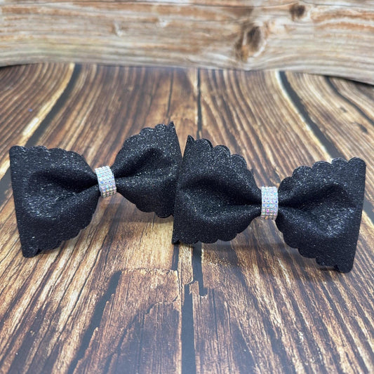 Glitter Cheer Bows: Scallop Edge Pigtail Pair with Rhinestone Center