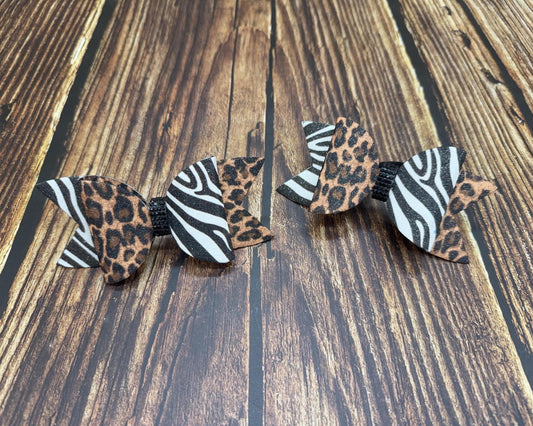 Safari Theme Dolly Cheer Bows: Rhinestone Center, Two-Tone Pigtail Pair