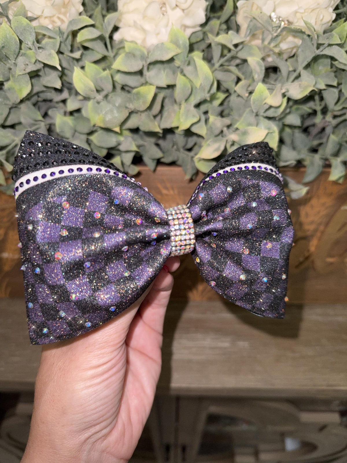 The Sabine Tailless Cheer Bow in Glitter with Rhinestones - Competition Cheerleader Hair Bow