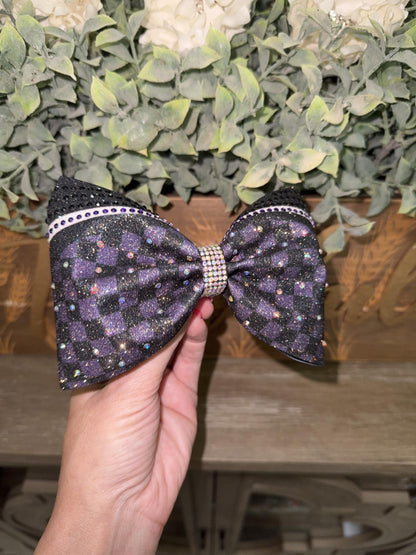 The Sabine Tailless Cheer Bow in Glitter with Rhinestones - Competition Cheerleader Hair Bow