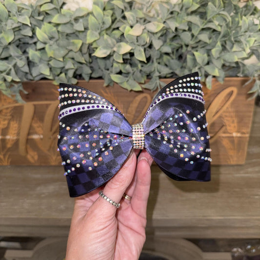 The Sabine Tailless Cheer Bow in Satin with Rhinestones - Competition Cheerleader Hair Bow