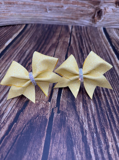 Miniature Pigtail Pom Glitter Cheer Bows: Pigtail Pair with Rhinestone Center