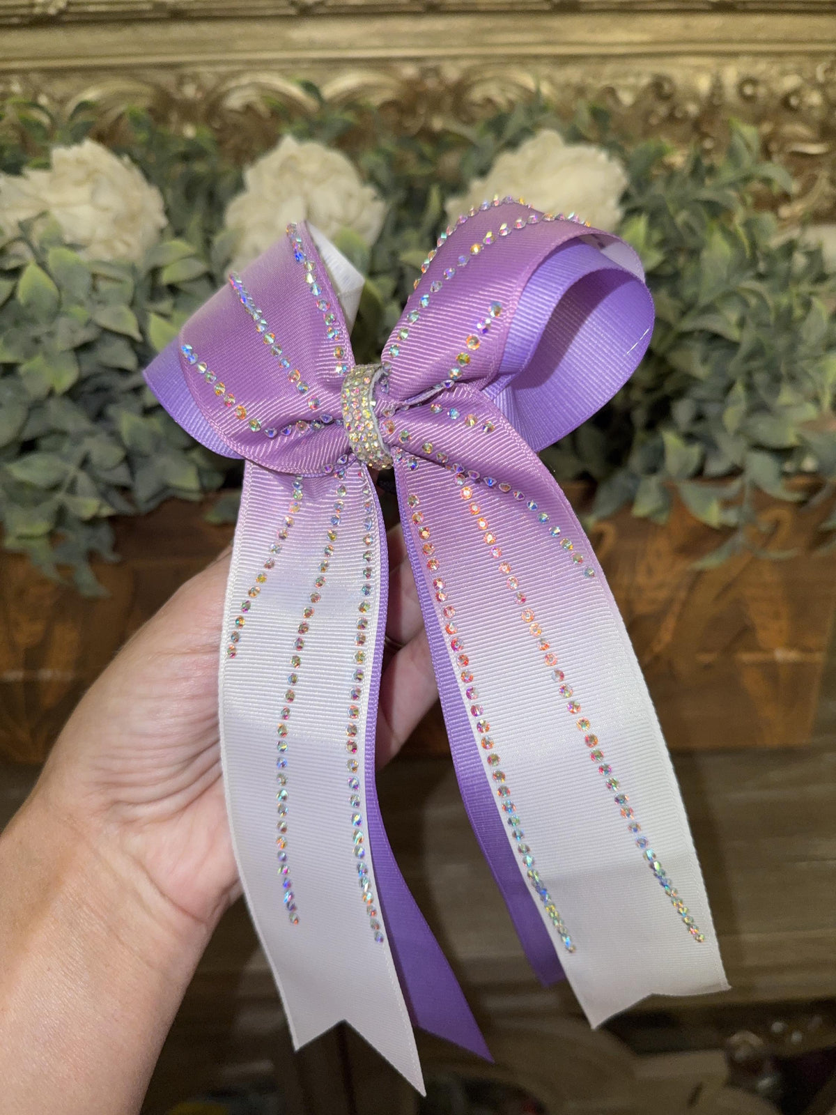 Double Ribbon Ombre School Collegiate Rhinestone Cheer Bow with Long Tails on 1.5” ribbon