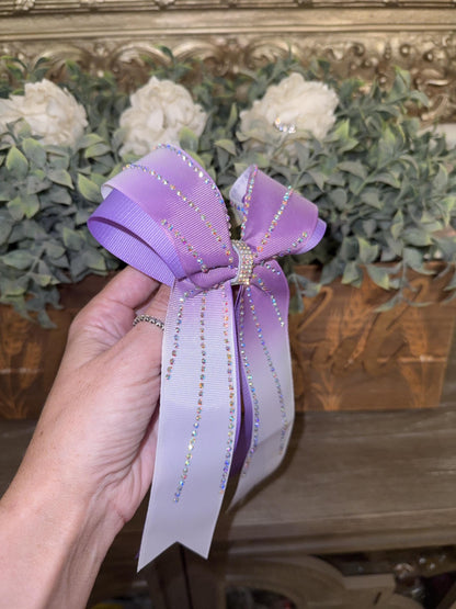 Double Ribbon Ombre School Collegiate Rhinestone Cheer Bow with Long Tails on 1.5” ribbon