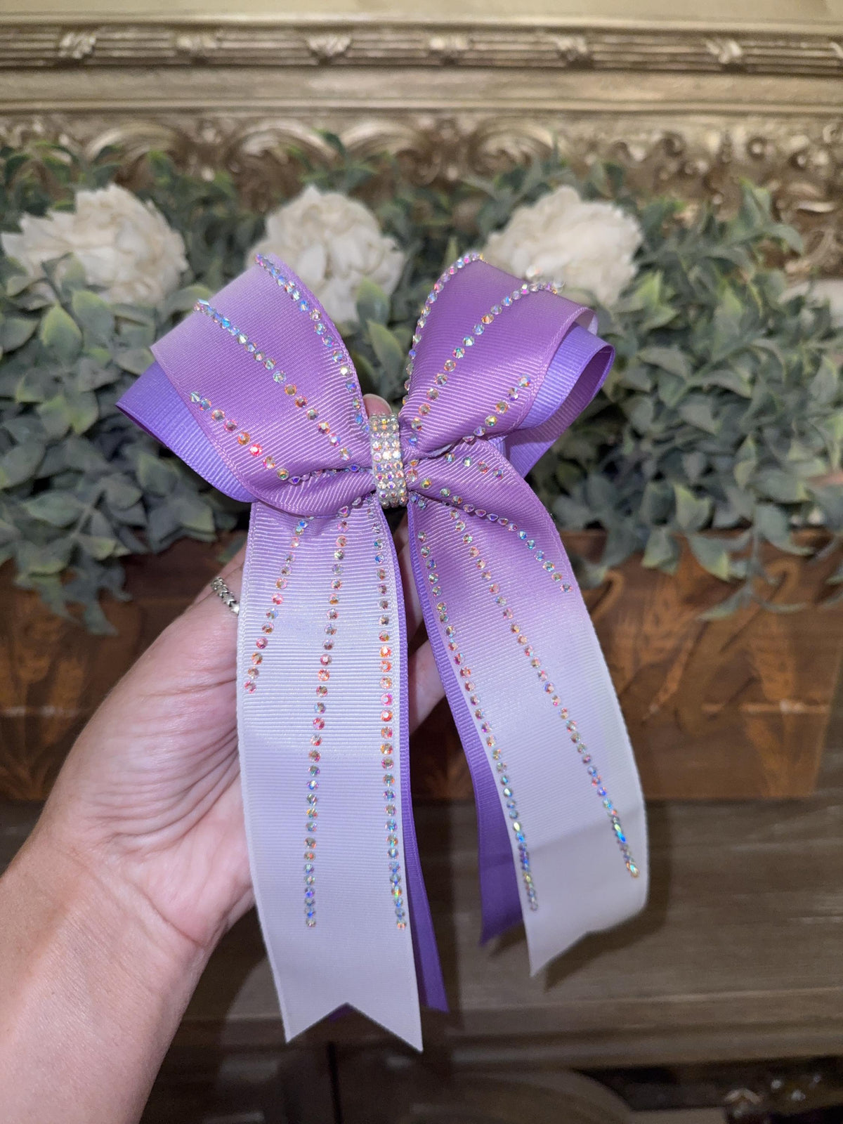 Double Ribbon Ombre School Collegiate Rhinestone Cheer Bow with Long Tails on 1.5” ribbon