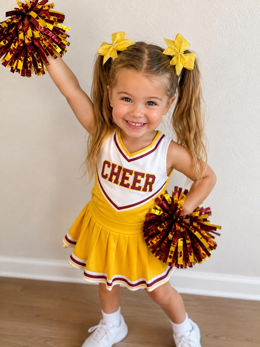Miniature Pigtail Pom Glitter Cheer Bows: Pigtail Pair with Rhinestone Center