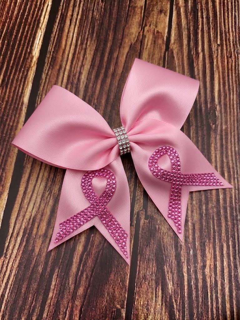 Pink Out Satin Cheer Bow with Glitter and Rhinestone Cancer Awareness Ribbon on Tails.