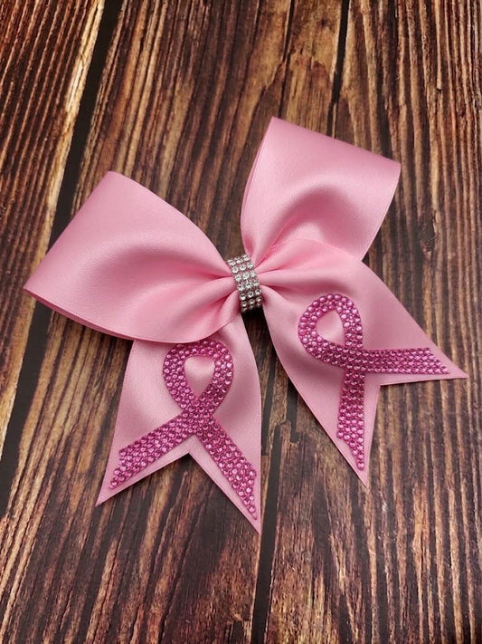 Pink Out Satin Cheer Bow with Glitter and Rhinestone Cancer Awareness Ribbon on Tails.