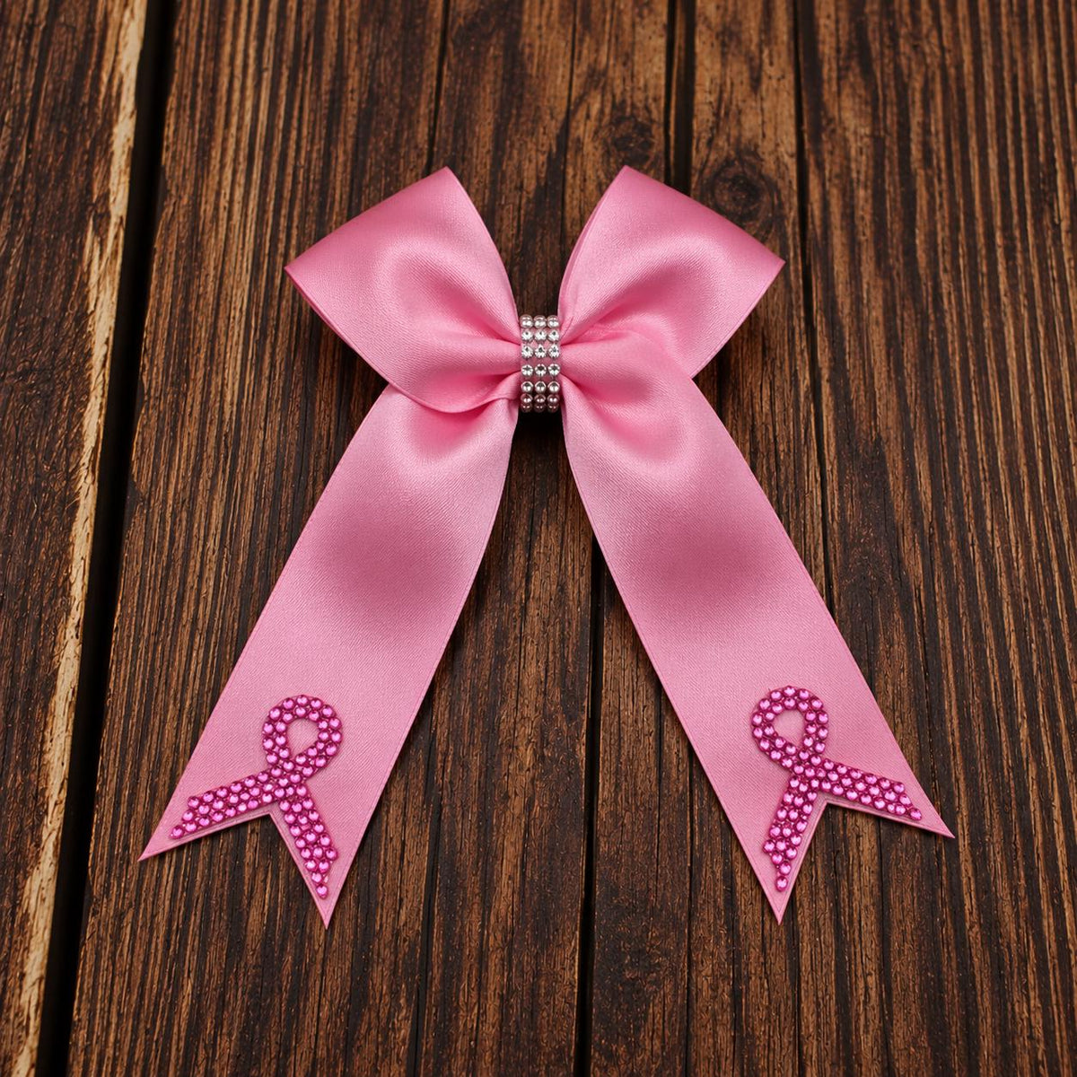 Pink Out Satin Cheer Bow with Glitter and Rhinestone Cancer Awareness Ribbon on Tails.