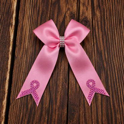 Pink Out Satin Cheer Bow with Glitter and Rhinestone Cancer Awareness Ribbon on Tails.