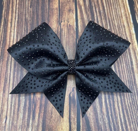 Full Black Rhinestone Satin Cheer Bow – Competition Hair Accessory
