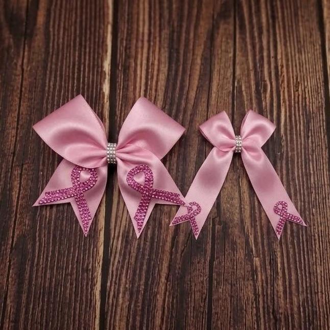 Pink Out Satin Cheer Bow with Glitter and Rhinestone Cancer Awareness Ribbon on Tails.