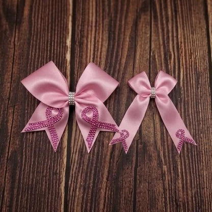 Pink Out Satin Cheer Bow with Glitter and Rhinestone Cancer Awareness Ribbon on Tails.