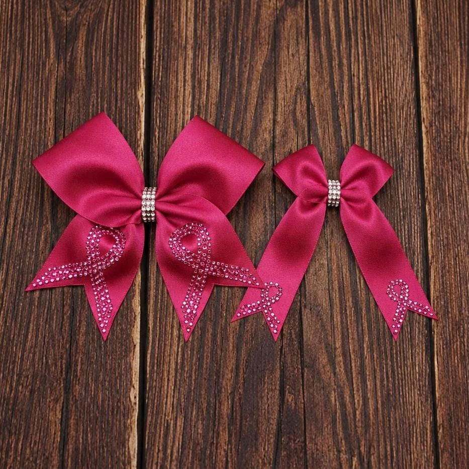 Pink Out Satin Cheer Bow with Glitter and Rhinestone Cancer Awareness Ribbon on Tails.