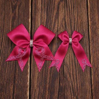 Pink Out Satin Cheer Bow with Glitter and Rhinestone Cancer Awareness Ribbon on Tails.