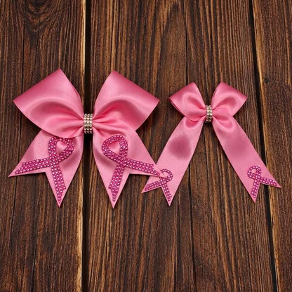 Pink Out Satin Cheer Bow with Glitter and Rhinestone Cancer Awareness Ribbon on Tails.