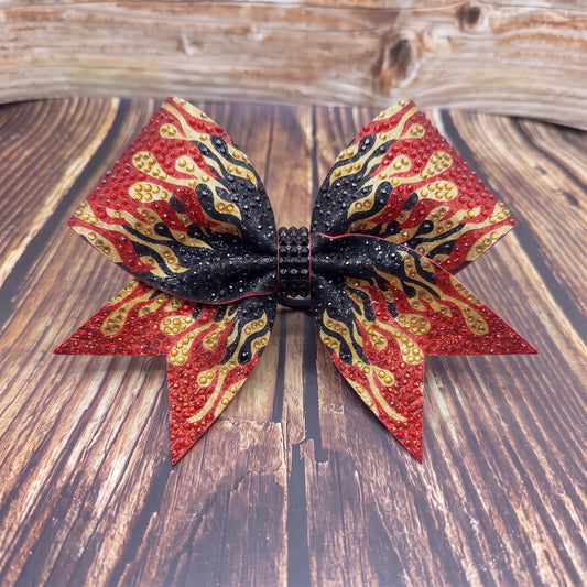 Fire Burst Flames Red, Gold and Black Glitter and Rhinestone Cheer Bow